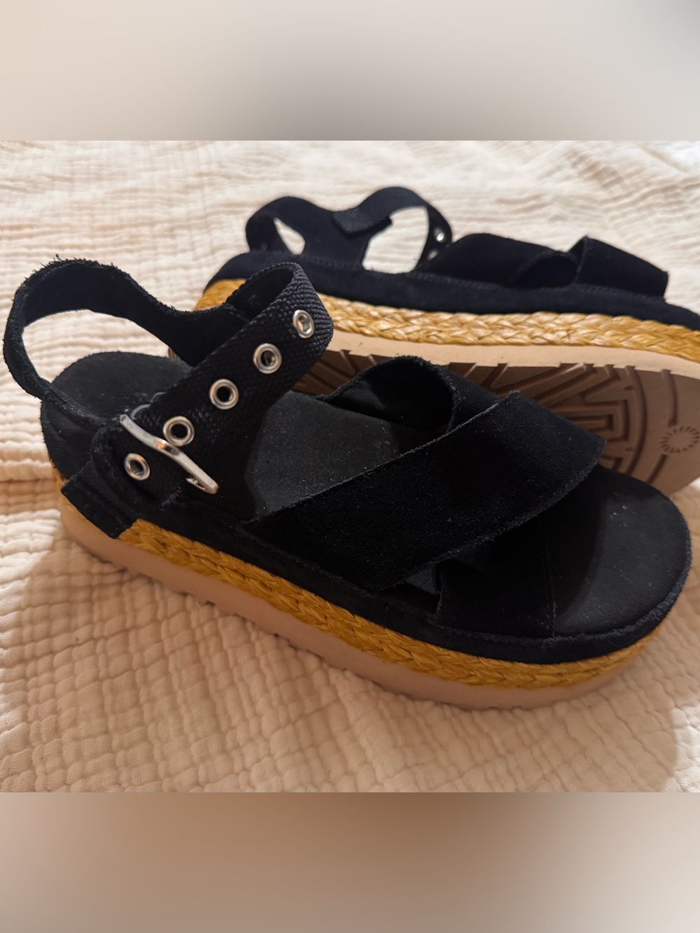 UGG Black Platform Espadrille Sandals with Jute-Wrapped Midsole